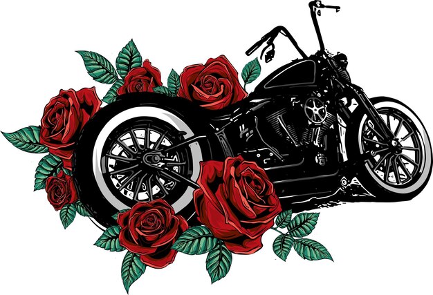 Vector motorcycle vector bike with peonies card frame