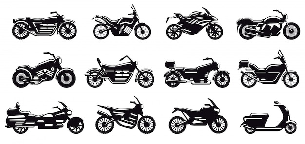 Motorcycle vehicle silhouette. modern speed race bike, scooter and chopper side view, motorcycle body silhouette  illustration icons set. black monochrome motorbike for delivery or motocross