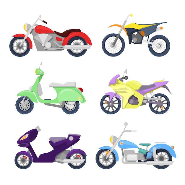 Motorcycles icons set with retro, sport bike and scooter.