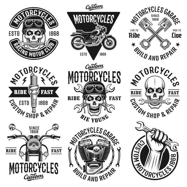 Vettore set di motocicli di emblemi vintage monocromatici, etichette, distintivi o loghi