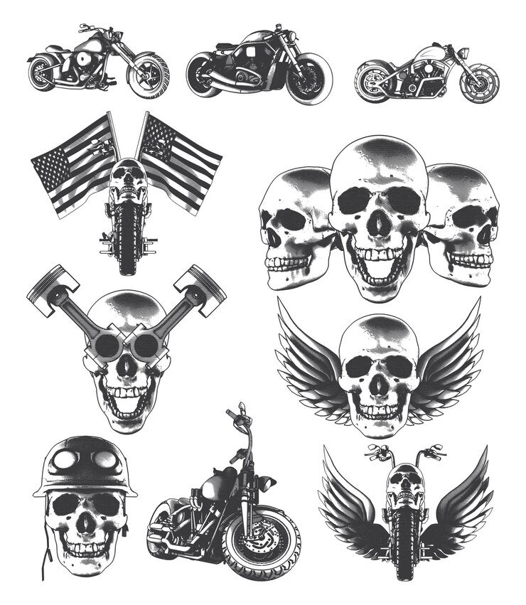 Vector motorcycles skulls wings flags and pistons