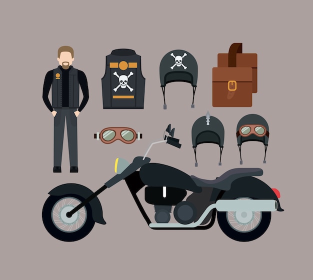 Vector motorcyclist and classic black motorcycle set