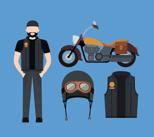 Motorcyclist and classic yellow motorcycle set