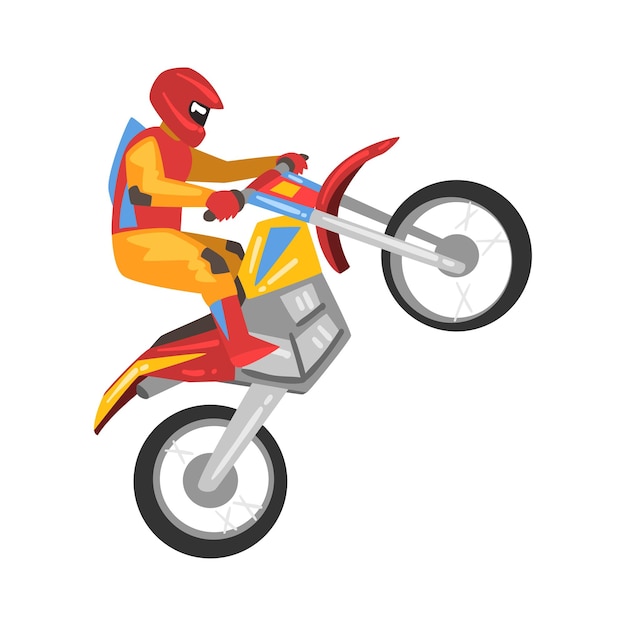 オートバイを運転するオートバイ モトクロス レース バイク男性キャラクター ベクトル イラスト白背景に分離