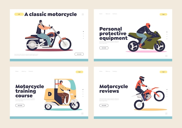 Motociclista su moto concetto di pagine di destinazione impostate con uomini motociclisti che guidano diverse motociclette scooter elettrici moto chopper che indossano caschi protettivi illustrazione vettoriale piatta del fumetto