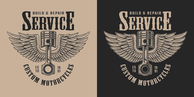 Motorfiets reparatie service vintage label met inscripties en gevleugelde zuiger in zwart-wit stijl