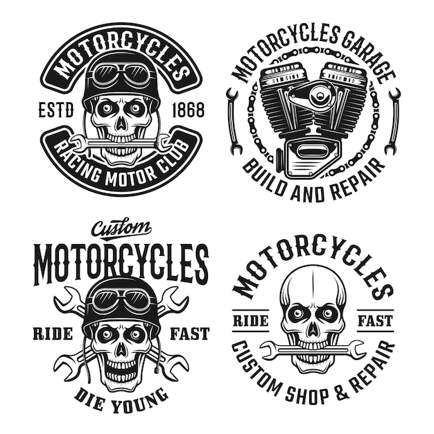 Motorfietsen instellen emblemen, etiketten, insignes of logo's met schedel in vintage stijl