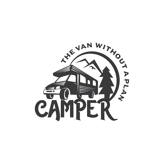 Шаблон логотипа кемпинга на автодоме или рекреационном транспортном средстве (RV) для путешествия в отпуск или приключения