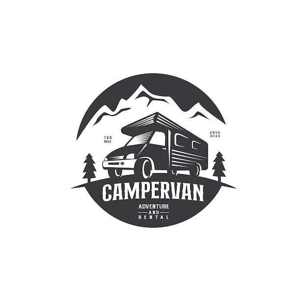 Motorhome or recreational vehicle (RV) campervan logo template for Vacation travel trip or adventure