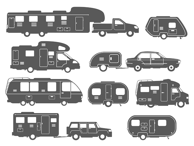 Motorhome silhouettes Rv cars camper vans caravan recreational vehicles auto trailer for camping campervan icons travel car set decent isolated vector illustration