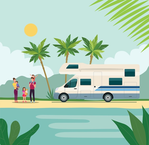 Vector motorhome with a vacationing family.
