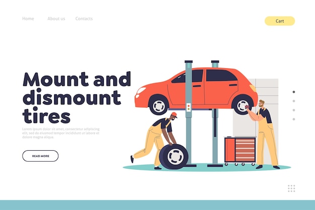 Mount and discount tires landing page with roadside vehicle repair service workers change wheel