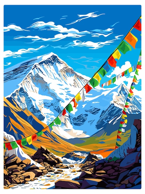 벡터 에베레스트 산 중국 빈티지 여행 포스터 기념품 포스트카드 초상화 그림 wpa 일러스트레이션