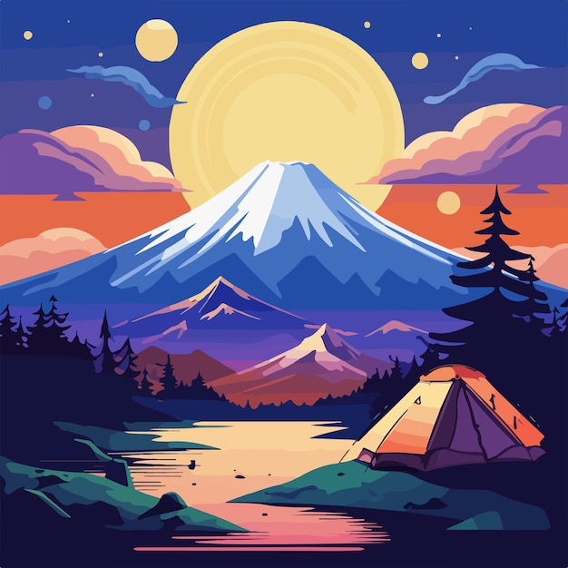 ベクトル 日没時の富士山と月とキャンプ場のフラットデザインベクトル