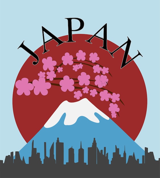 Mount fuji met kersenbloesem en silhouet gebouw achtergrond logoVector illustratie