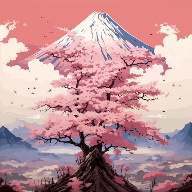 Mount fuji met roze bloesem plat ontwerp