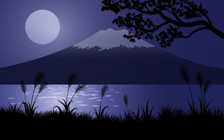 Vector mount fuji 's nachts met volle maan