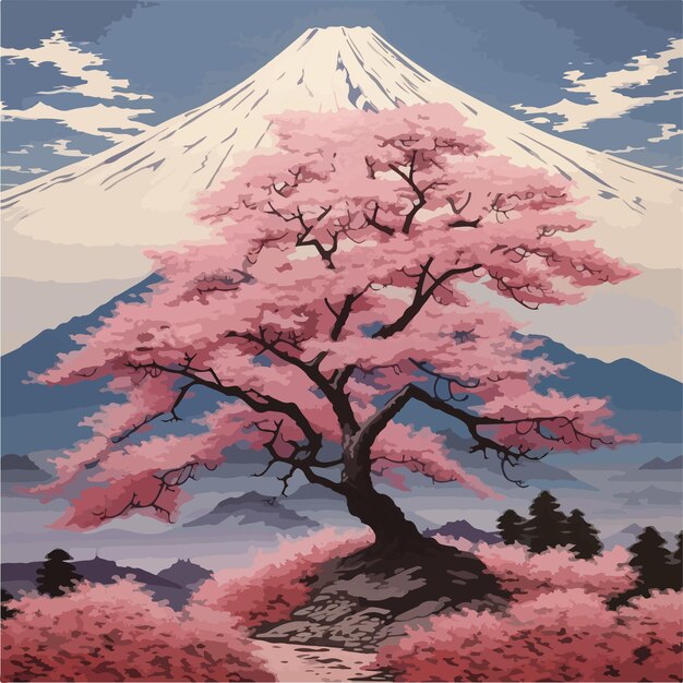 Mount fuji with pink blossom flat design