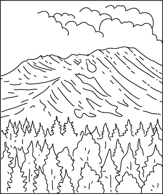 Mount St Helens National Vulcanic Monument in Washington State Mono Line Art