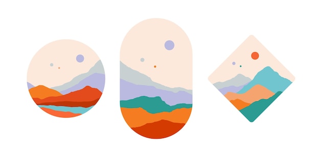 Mountain. Abstract landscape mountain, sky, sunset view. Set of minimalist style landscape view, mountain, hill, sun. Abstract style landscape, contemporary art print. Vector Illustrations