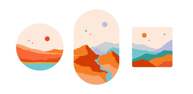 Mountain Abstract landscape mountain sky sunset view Set of minimalist style landscape view mountain hill sun Abstract style landscape contemporary art print Vector Illustrations