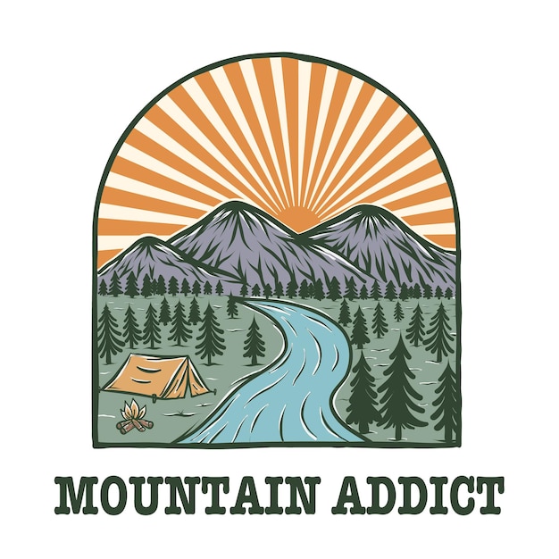 Mountain Addict Logo. Camping Outdoor Vintage Hand Drawn Vector Illustration.