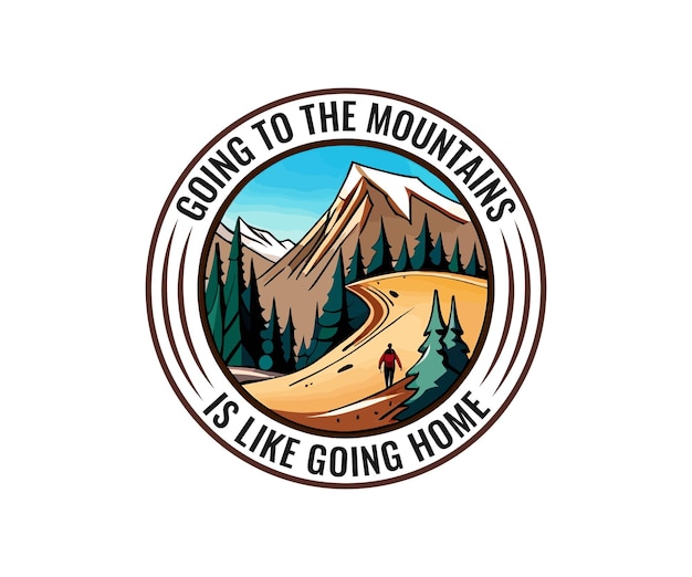 Вектор значка горного приключения для фона наклейки с логотипом футболки в форме круга