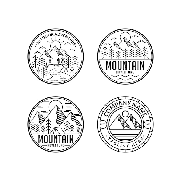 Vector mountain adventure line art vintage style logo design set template