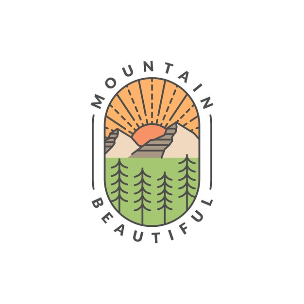 Vector mountain adventure outdoor badge vector illustratie met monoline of line art stijl