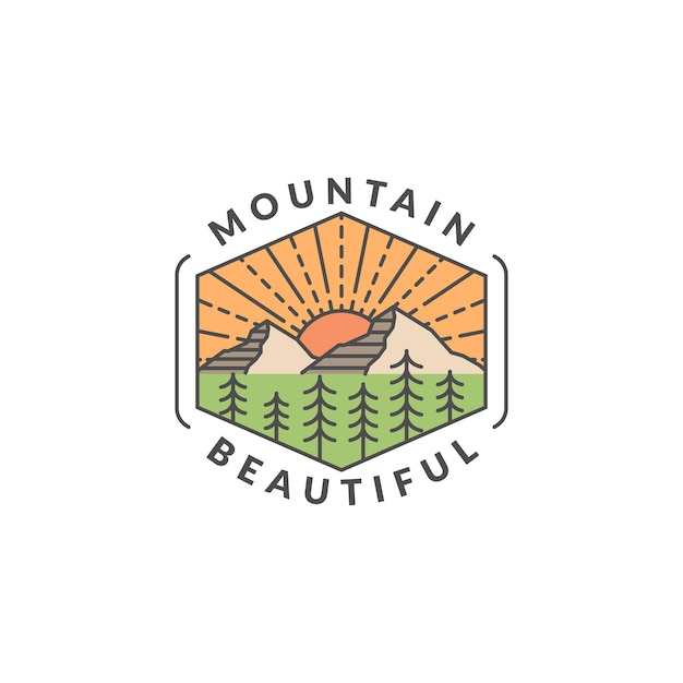 Vector mountain adventure outdoor badge vector illustratie met monoline of line art stijl