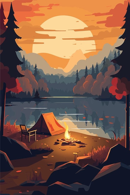 Mountain adventure and travel flat colors vertical poster Camping and hiking Vector illustration