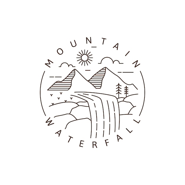 山と滝の屋外モノラインまたは線画スタイルのベクトル図