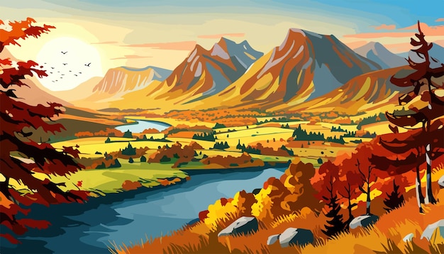 Vector mountain autumn forest valley scene with trees beautiful wallpaper vector illustration vector