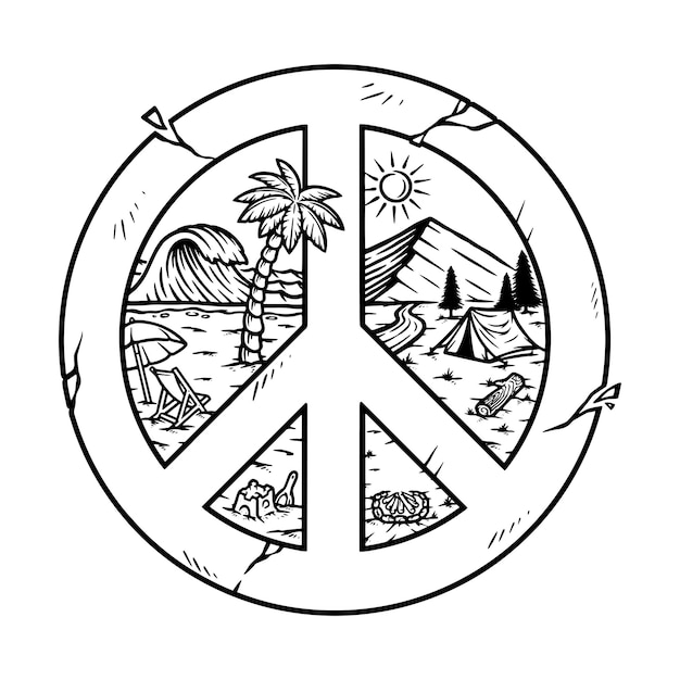 mountain and beach with peace symbols line illustration