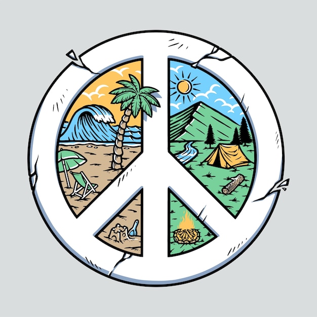 Vector mountain and beach with peace symbols