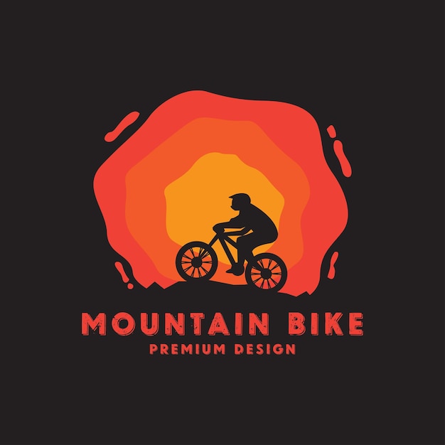 Sport in mountain bike con vista tramonto all'aperto logo design icona vettore illustrazione