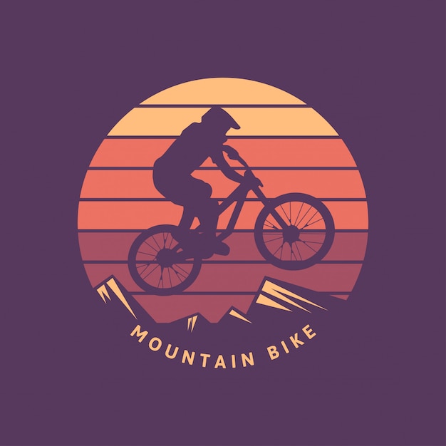 Vector mountain bike vintage retro cyclist illustration with sunset background