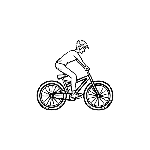 산악 자전거 손으로 그린 개요 낙서 아이콘입니다. 사이클링, 여름 스포츠, 크로스 컨트리 경주 마라톤 개념