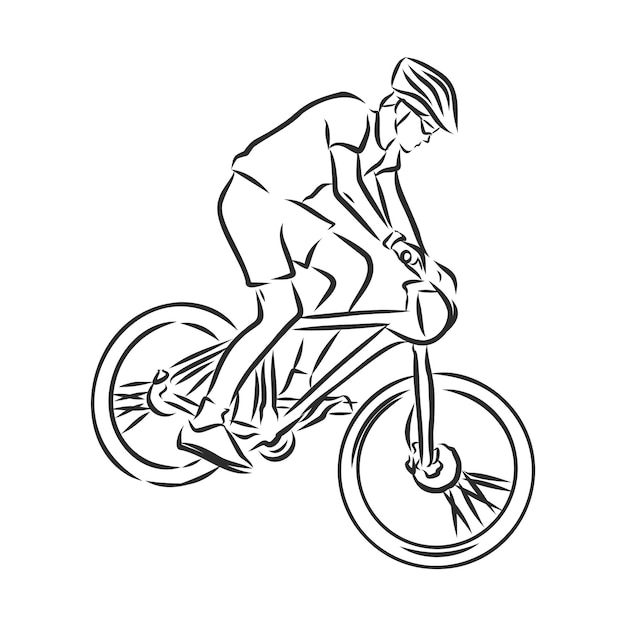 Горный байкер, горный велосипед, эскиз, контурная векторная иллюстрация