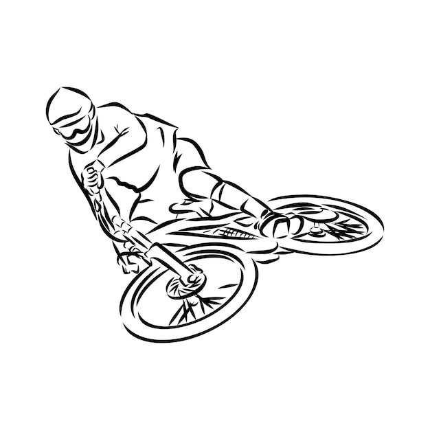 Ciclista di montagna, mountain bike, schizzo, illustrazione vettoriale di contorno