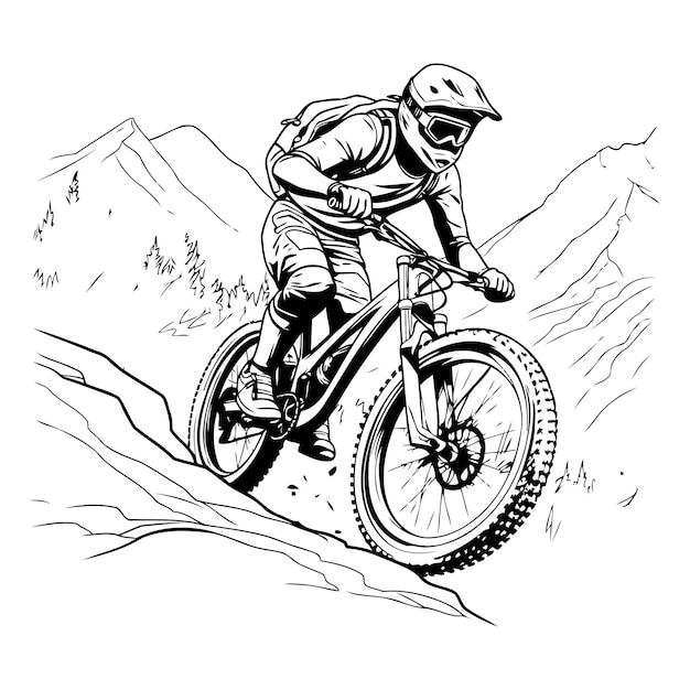 Mountain biker on a mountain bike Vector illustration Monochrome image