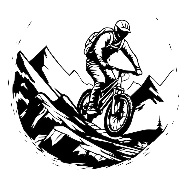 Vettore mountain biker cavalcate sulla montagna nelle montagne illustrazione vettoriale