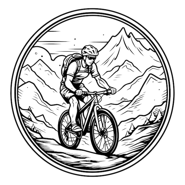 Mountain biker riding a bike round icon Vector illustration