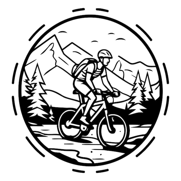 Vector mountain biker riding in the mountains vector illustration in retro style