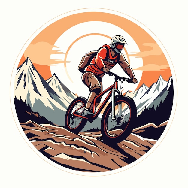 Mountain biker riding on the road in the mountains Vector illustration