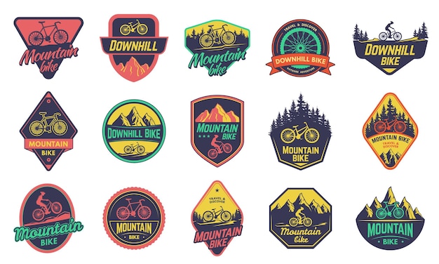 Знак горных велосипедов наклейка на спуск с горы на открытом воздухе для фристайла и велосипедистов эмблемы векторного набора
