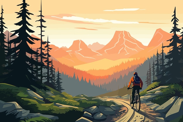 Vector mountain biking flat landscap vector art illustration retro vintage poster