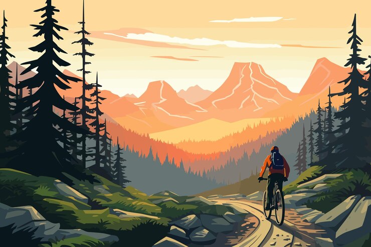 Mountain biking flat landscap vector art illustration retro vintage poster