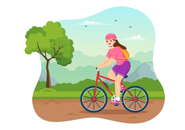 Вектор Иллюстрация катания на горных велосипедах с ездой на велосипеде по горам для занятий спортом в плоском мультфильме, нарисованном вручную