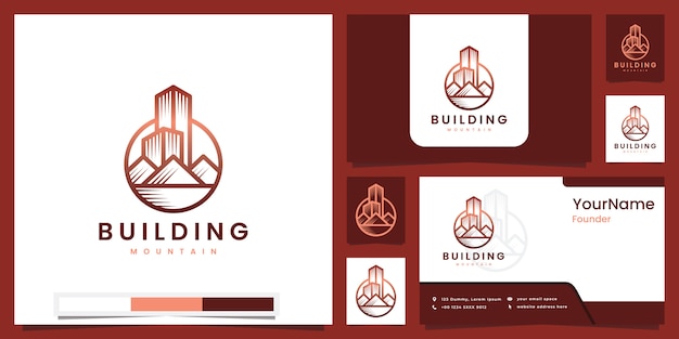 Mountain building concept with beautiful line art logo design inspiration